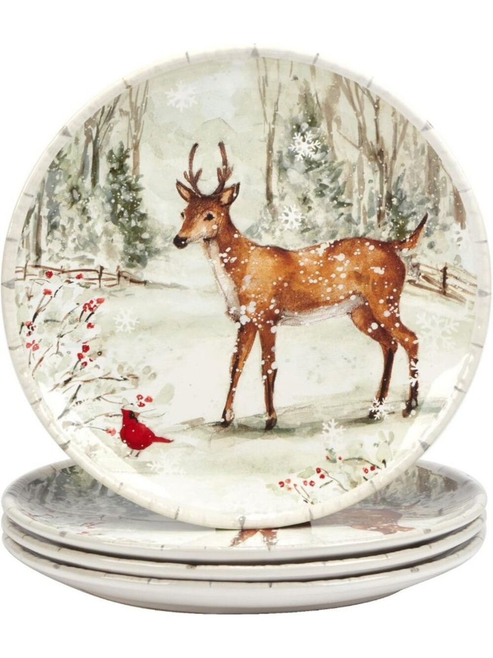 Set of 4 Large Multicolor Winter Dinner Plates - 11.25” Festive Tableware